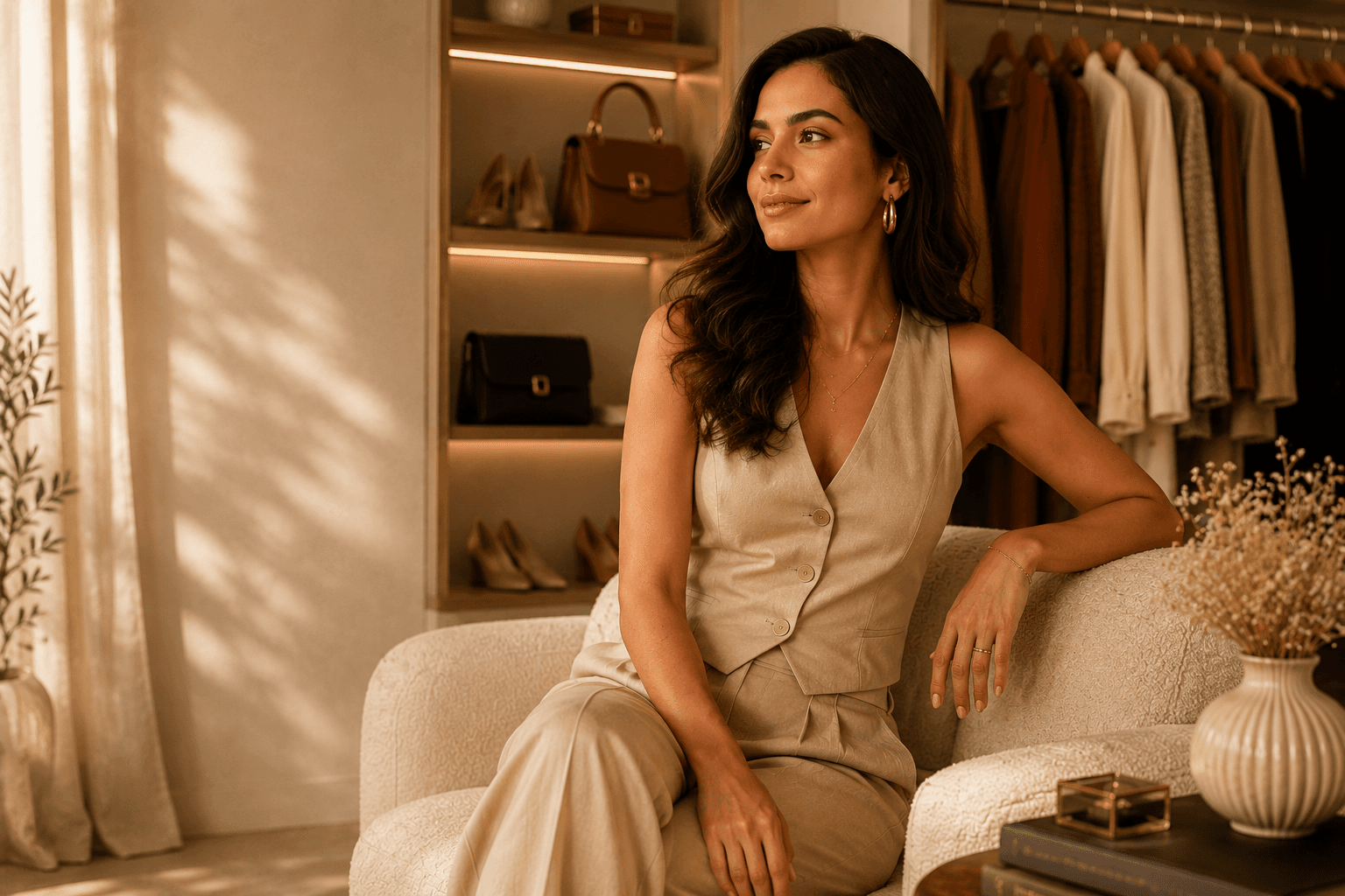 Mulher usando um conjunto TopChique em um closet elegante