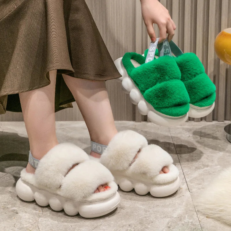 Open toe fluffy plush slippers sandals Women winter faux fur furry cloud slippers slides Female home indoor warm platform shoes