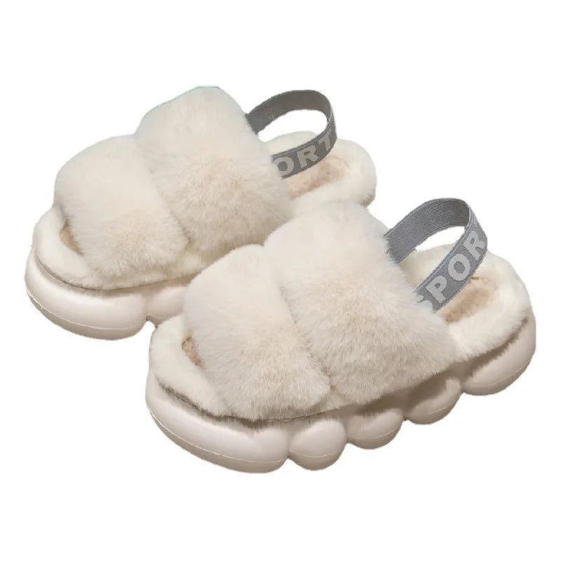 Open toe fluffy plush slippers sandals Women winter faux fur furry cloud slippers slides Female home indoor warm platform shoes