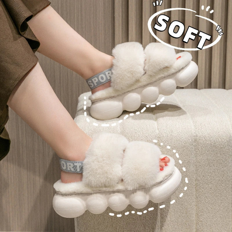 Open toe fluffy plush slippers sandals Women winter faux fur furry cloud slippers slides Female home indoor warm platform shoes