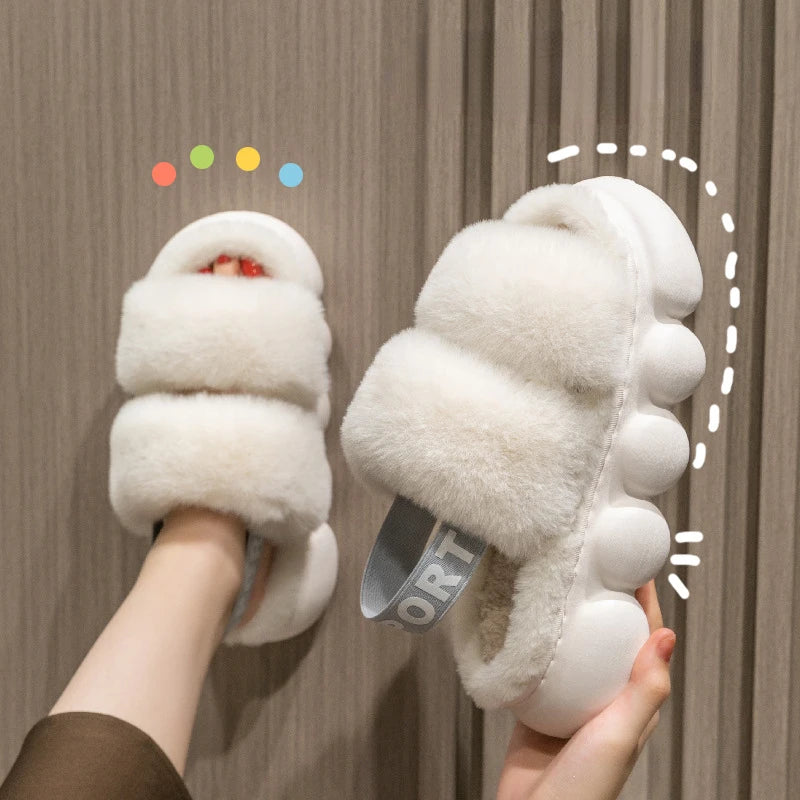 Open toe fluffy plush slippers sandals Women winter faux fur furry cloud slippers slides Female home indoor warm platform shoes